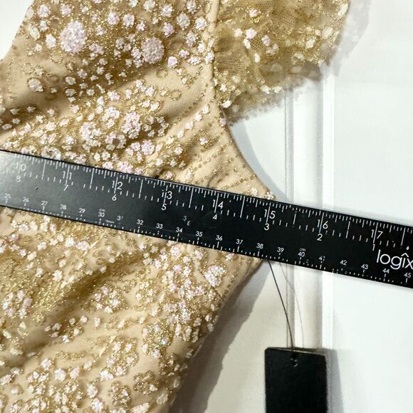 LULU'S Dress Women Size Small Gold Sequin NYE Deep V Sleeveles Mini Lace Layered - Picture 3 of 5